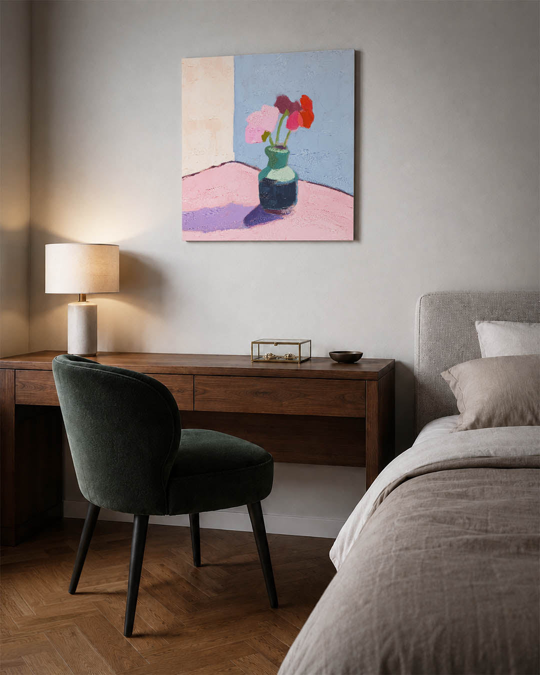 Vaas met bloemen kunstwerk – materiaalweergave – dit werk toont een vaas met kleurrijke bloemen tegen een eenvoudige
