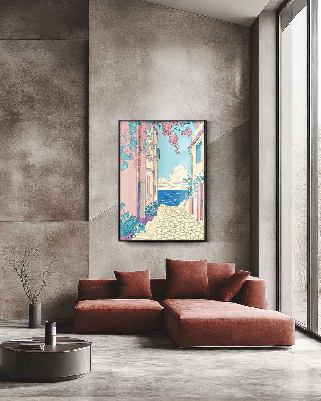 Zomerse Straat aan Zee – staande wandkunst voor woonkamer of interieur
