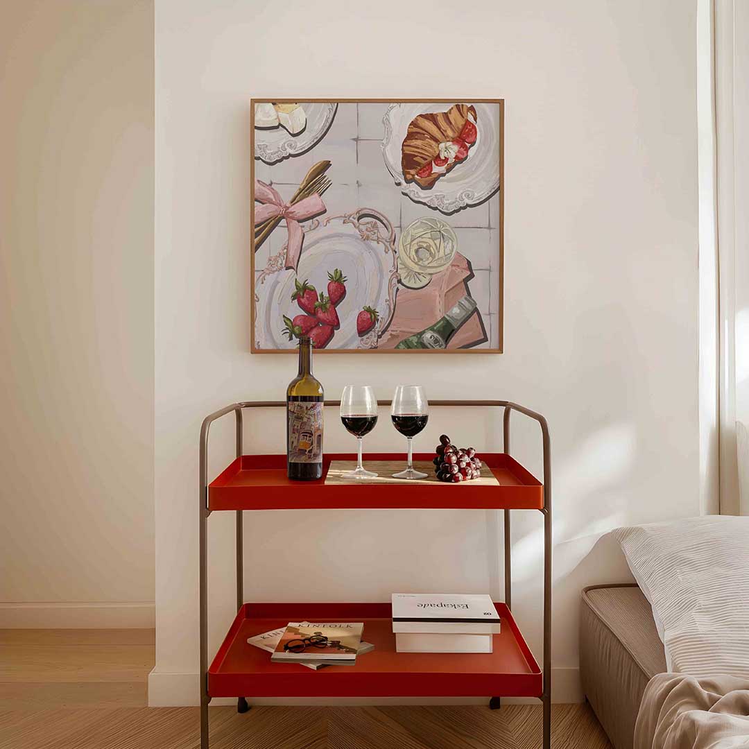 Ontbijt met aardbeien – vierkante keuken wanddecoratie van WallArtistic