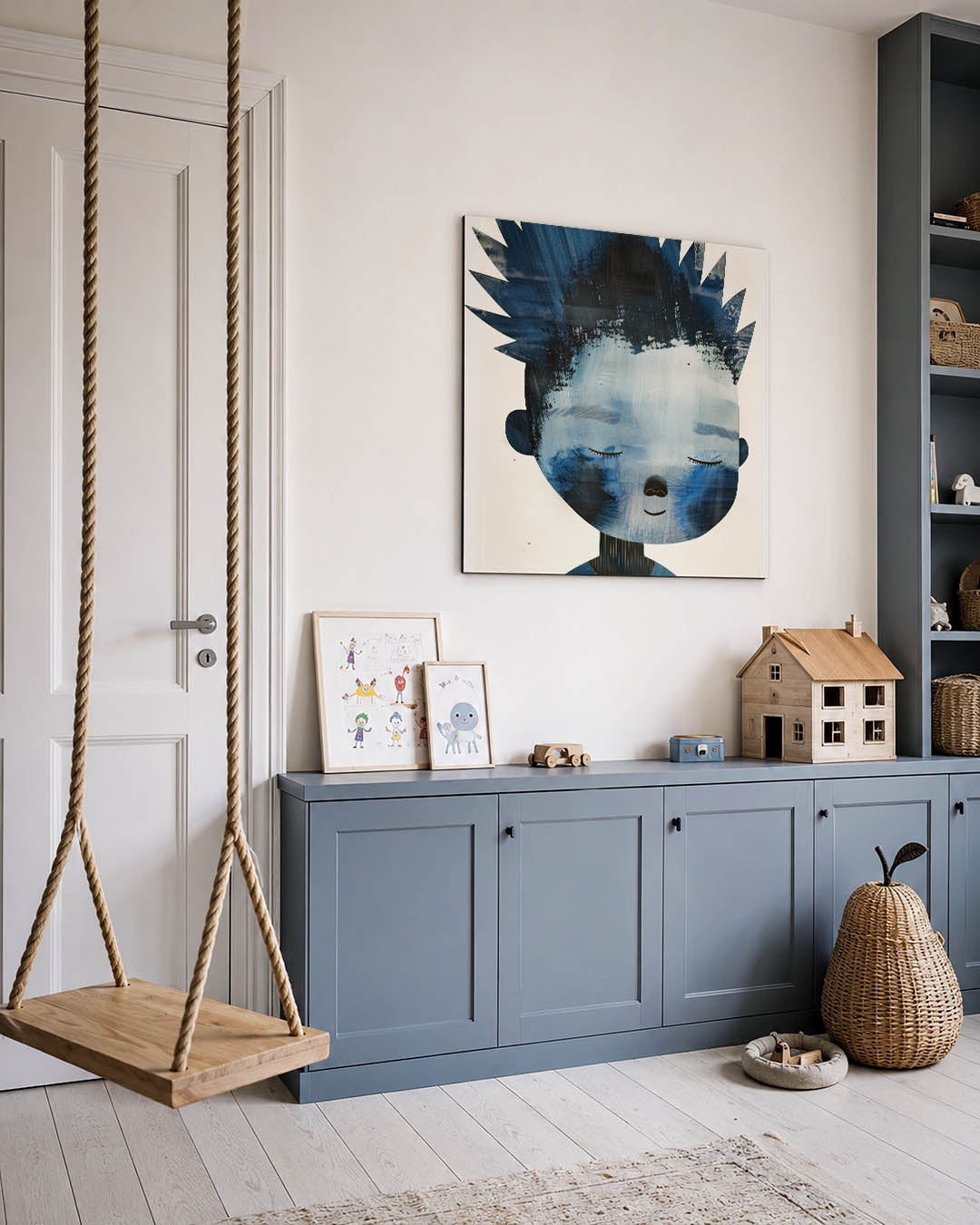 Dromerig portret kunstwerk – vierkante wanddecoratie – dit kunstwerk toont een dromerig gezicht met gesloten ogen in blauw en