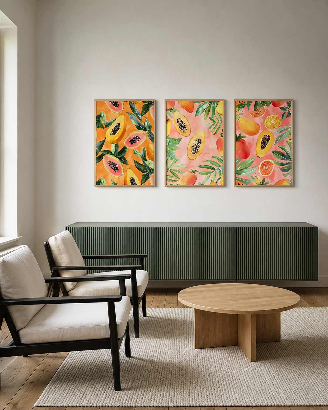 Fruitige kleurexplosie posterset – tweede productweergave – deze posterset in drie delen toont levendige papaja's en