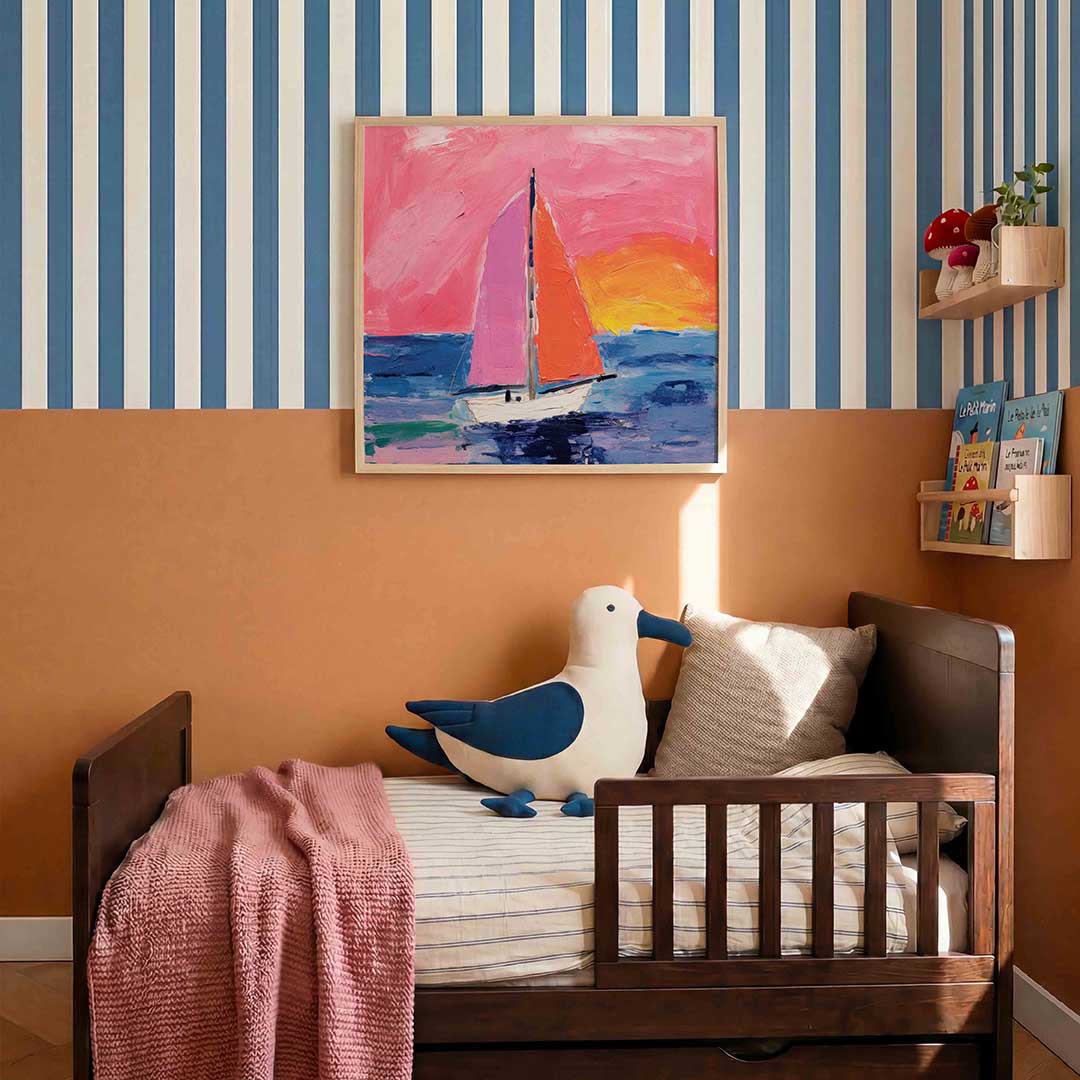 Zeilboot en zonsondergang – kids poster in vierkant formaat