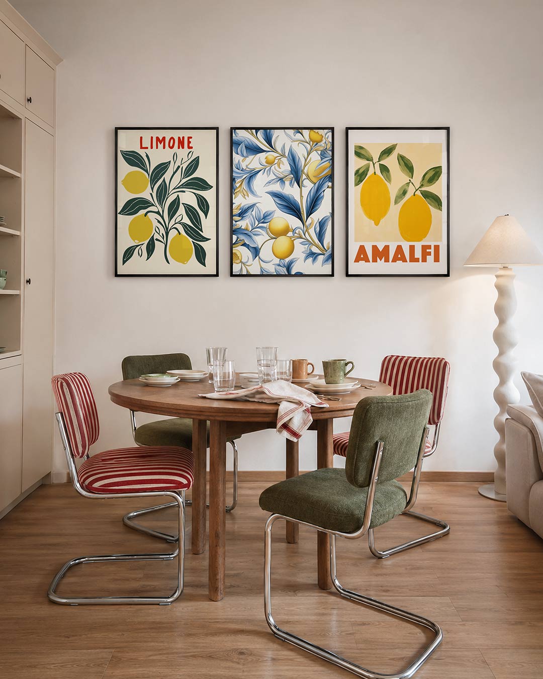 Citroen en bladeren driedelige posterset – deze posterset in drie delen toont levendige gele citroenen
