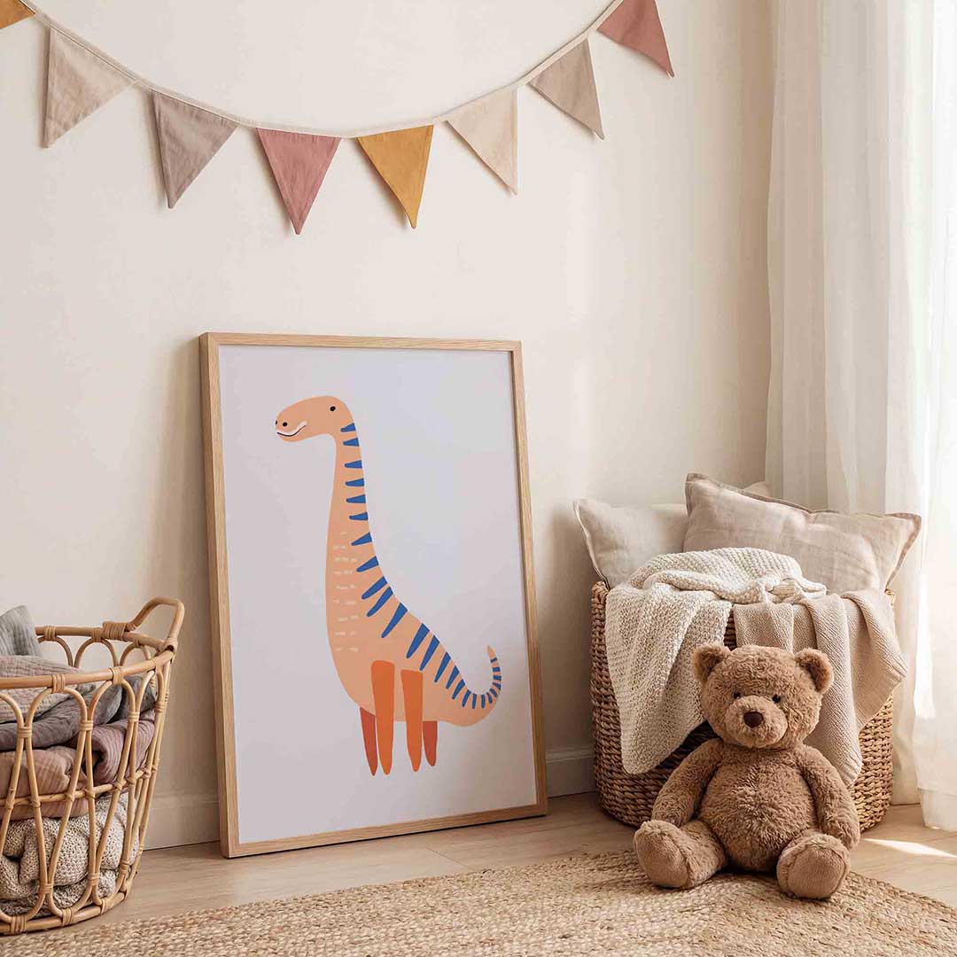 Dinosaurus met strepen – speelse wandkunst als portret kinderposter