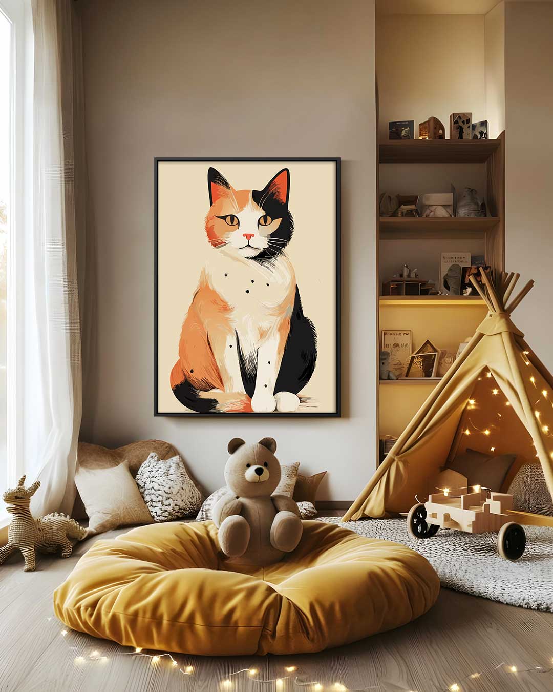 Schattige Driekleurige Kattenillustratie – modern portret kunstwerk van WallArtistic