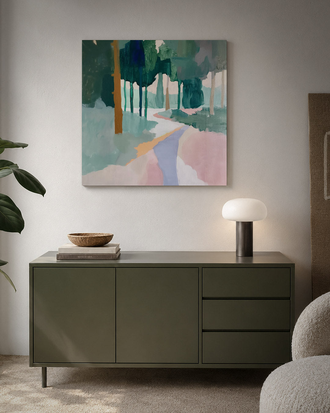 Boslandschap in kleurvlakken kunstwerk – detailweergave – dit werk toont een boslandschap met vloeiende kleurvlakken en