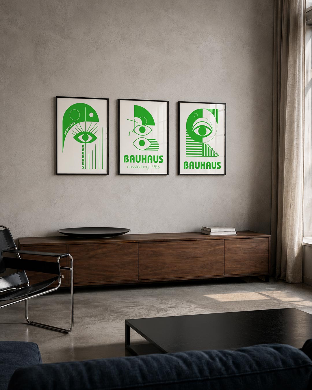 Oog en lijnen driedelige posterset – een groene compositie met een centraal oog, omgeven door stralen en lijnen. Cirkelvormen