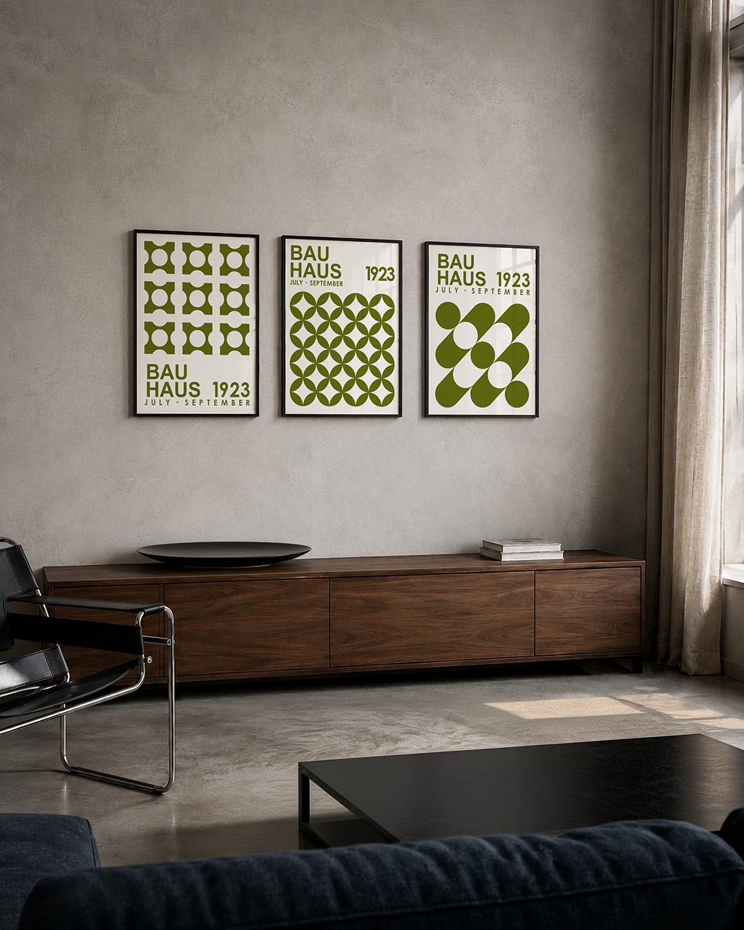 Vorm en ritme posterset – tweede productweergave – deze posterset in drie delen toont een ritmisch patroon van olijfgroene