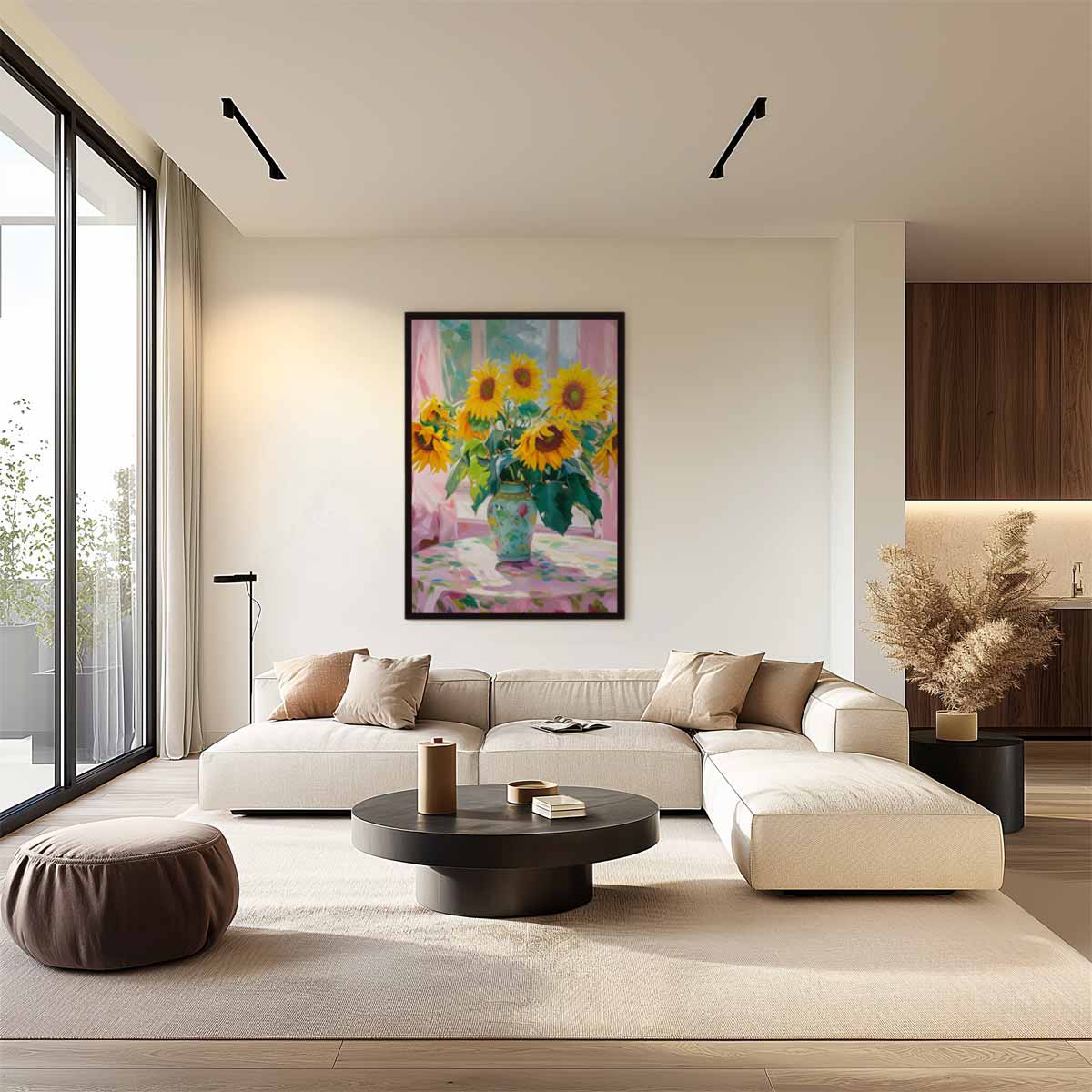 Zonnige Zonnebloemen in Vensterlicht – staand kunstwerk voor modern interieur
