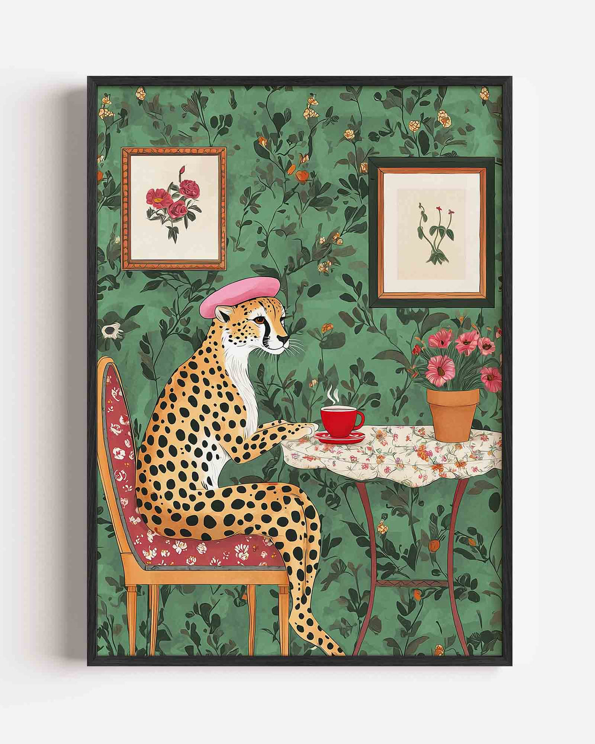 Cheetah met hoed en thee – dieren portret poster als wanddecoratie