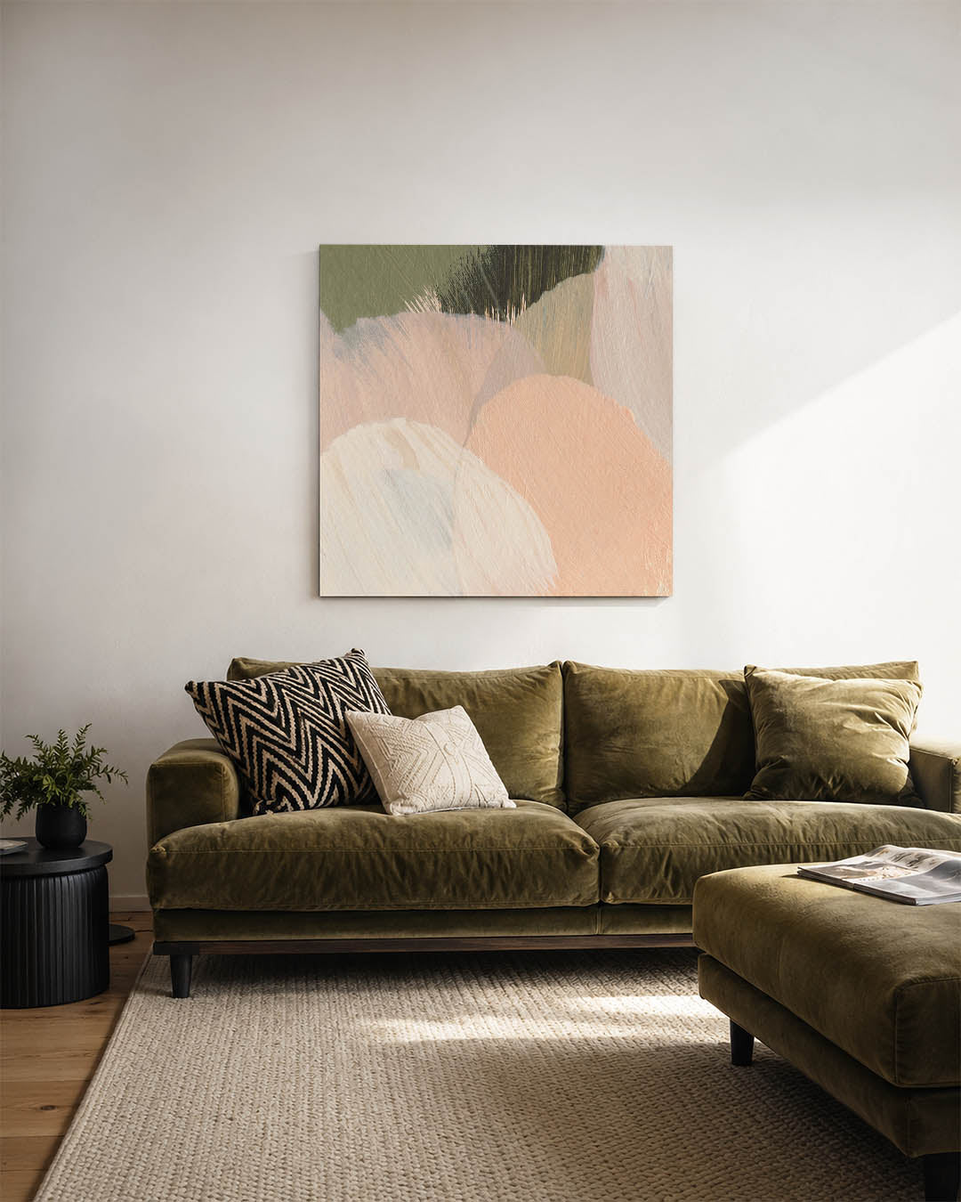 Organische vormen compositie kunstwerk – sfeerbeeld – dit kunstwerk toont zachte, vloeiende vormen in een harmonie van groen