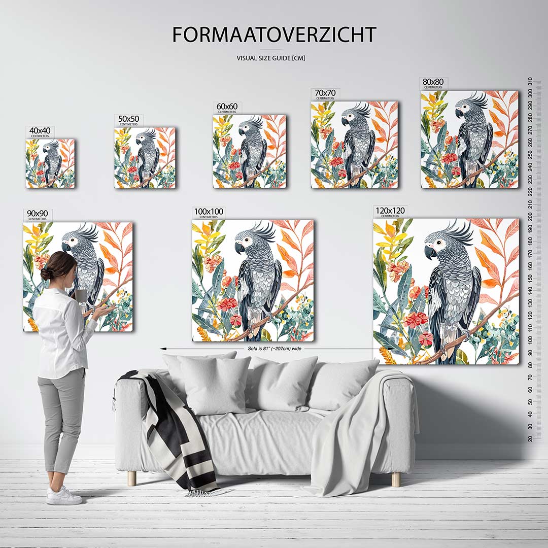 Vrolijke papegaai kunstwerk – dit kunstwerk toont een gedetailleerde papegaai omringd door kleurrijke bladeren en bloemen. De