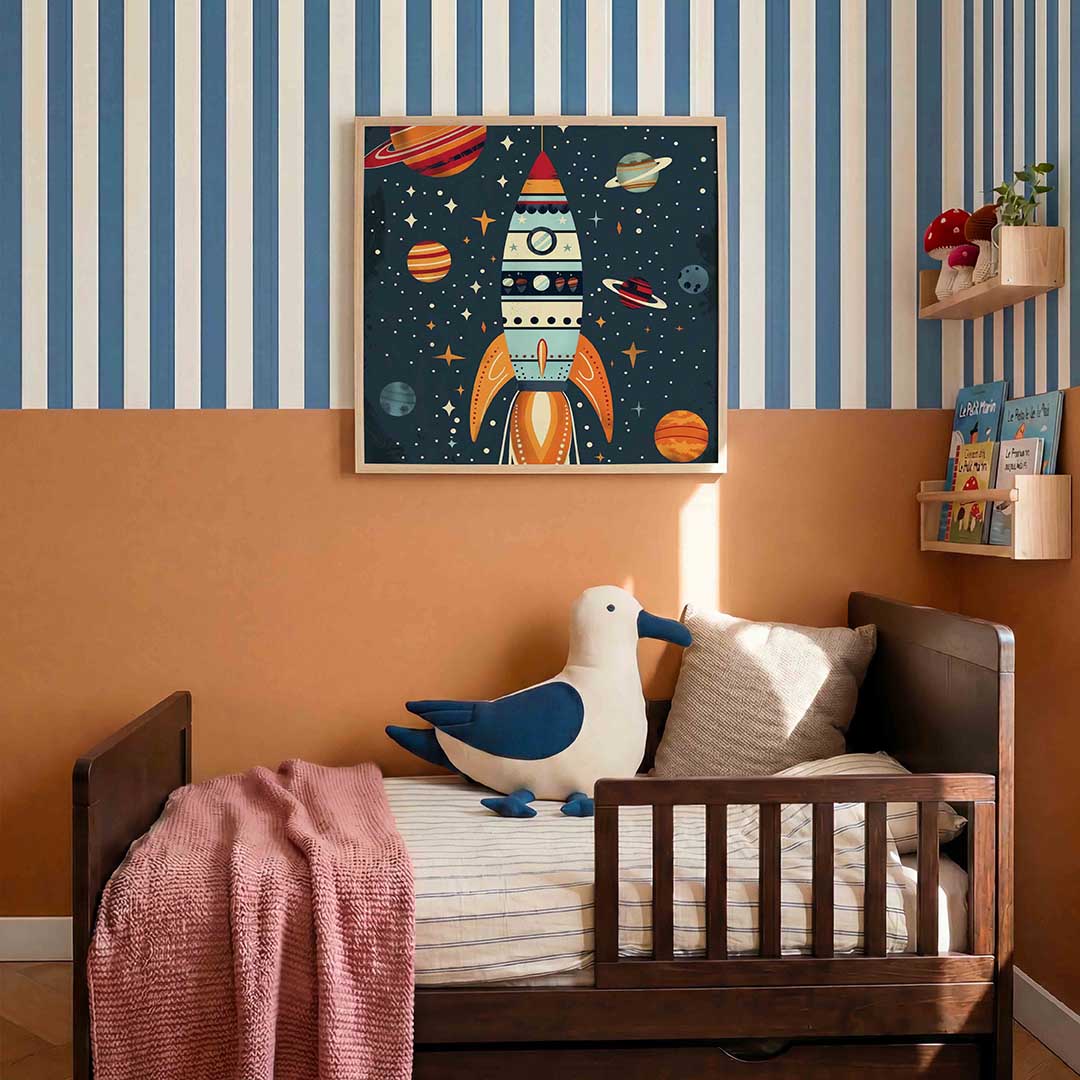 Ruimteraket en planeten – kids poster in vierkant formaat