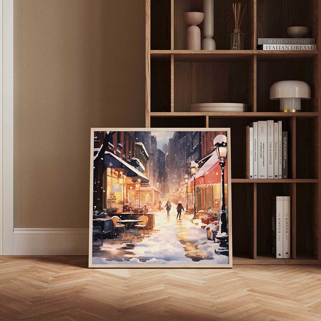 Winterse straat – kerstposter in vierkant formaat