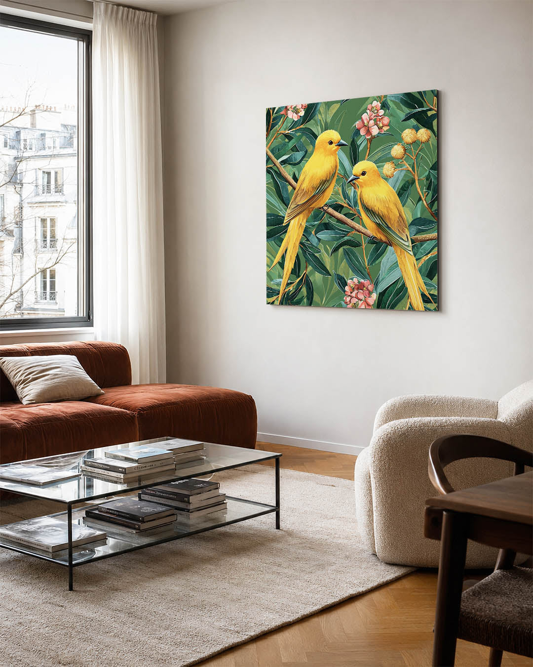 Vogels en bloemen kunstwerk – vierkante wanddecoratie – dit kunstwerk toont twee gele vogels op takken, omringd door groene