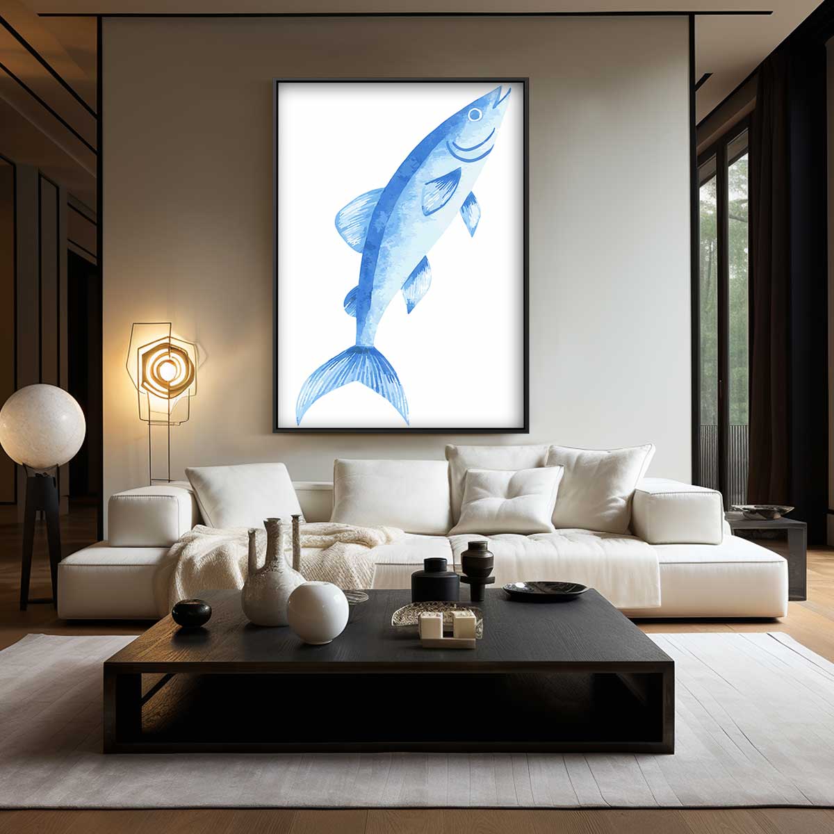 Waterverf Vis Print – kunstwerk met zwarte baklijst