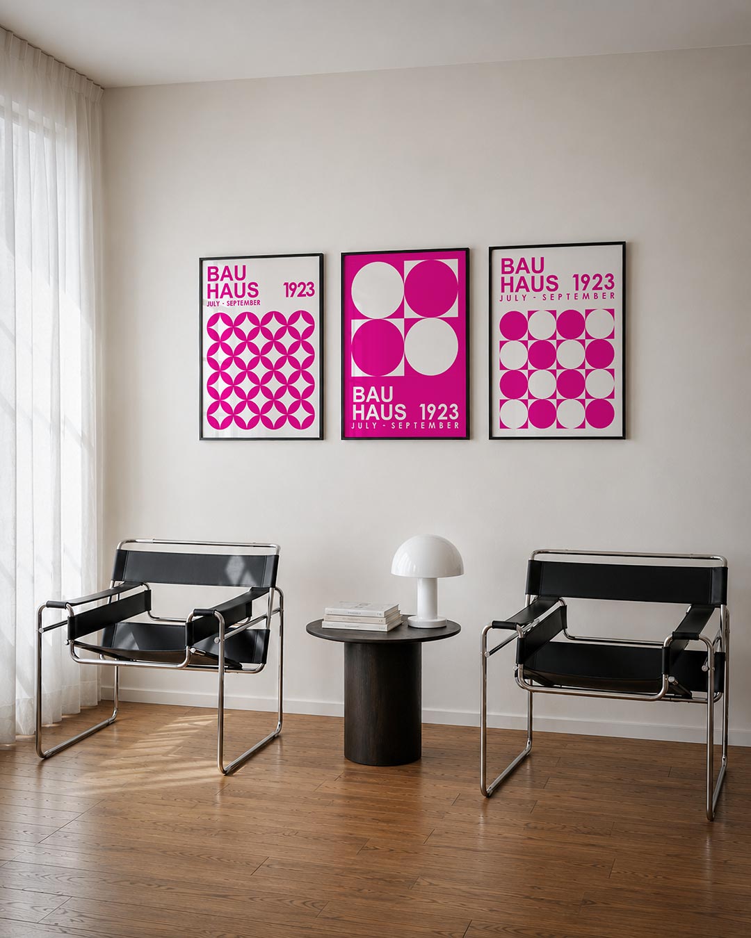 Kleur en ritme posterset – tweede productweergave – deze posterset in drie delen toont een levendig patroon van roze cirkels