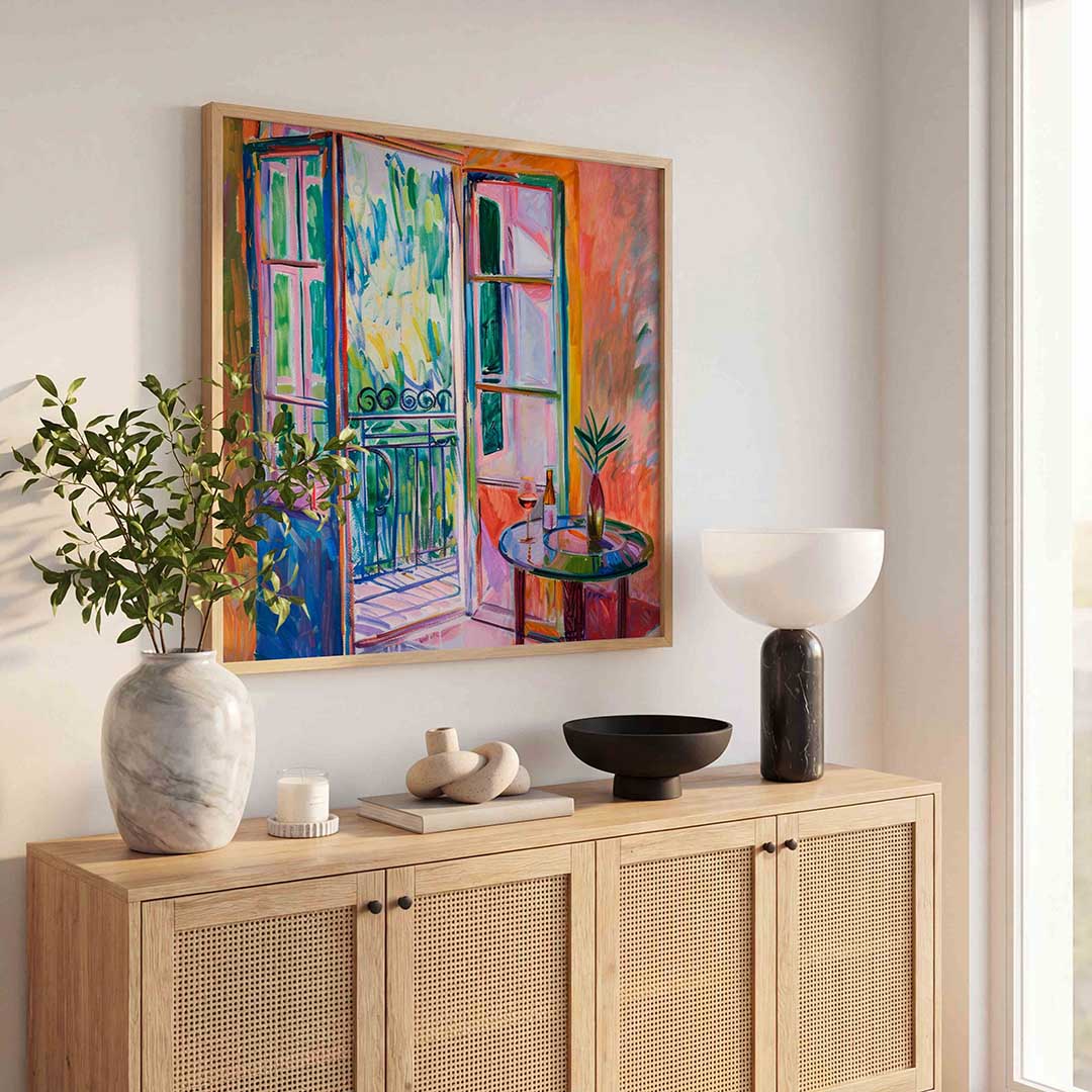 Open balkon met tafel – illustratie poster in vierkant formaat