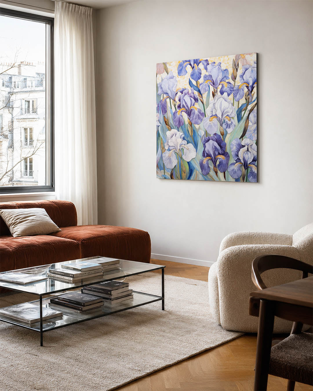Bloemrijke mozaïek kunstwerk – vierkante wanddecoratie – dit kunstwerk toont een levendige compositie van bloemen in blauw