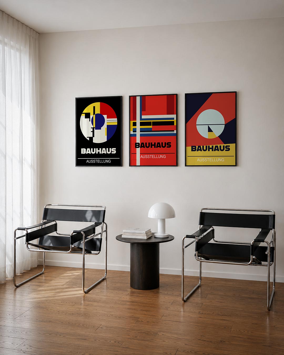 Kleurrijke cirkelcompositie driedelige posterset – deze posterset in drie delen toont een dynamisch spel van primaire kleuren