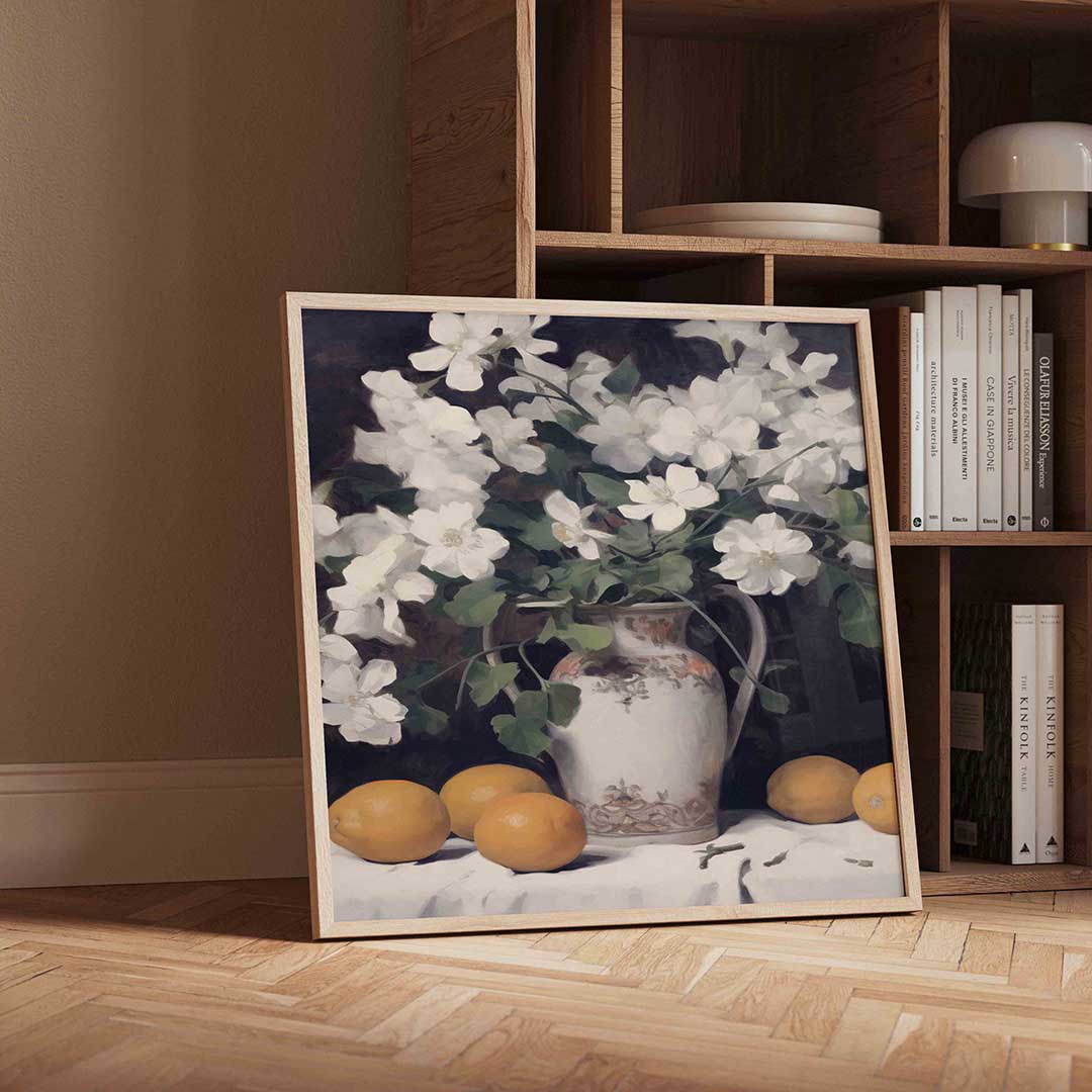 Bloemen en citroenen – vintage wandkunst als vierkante poster