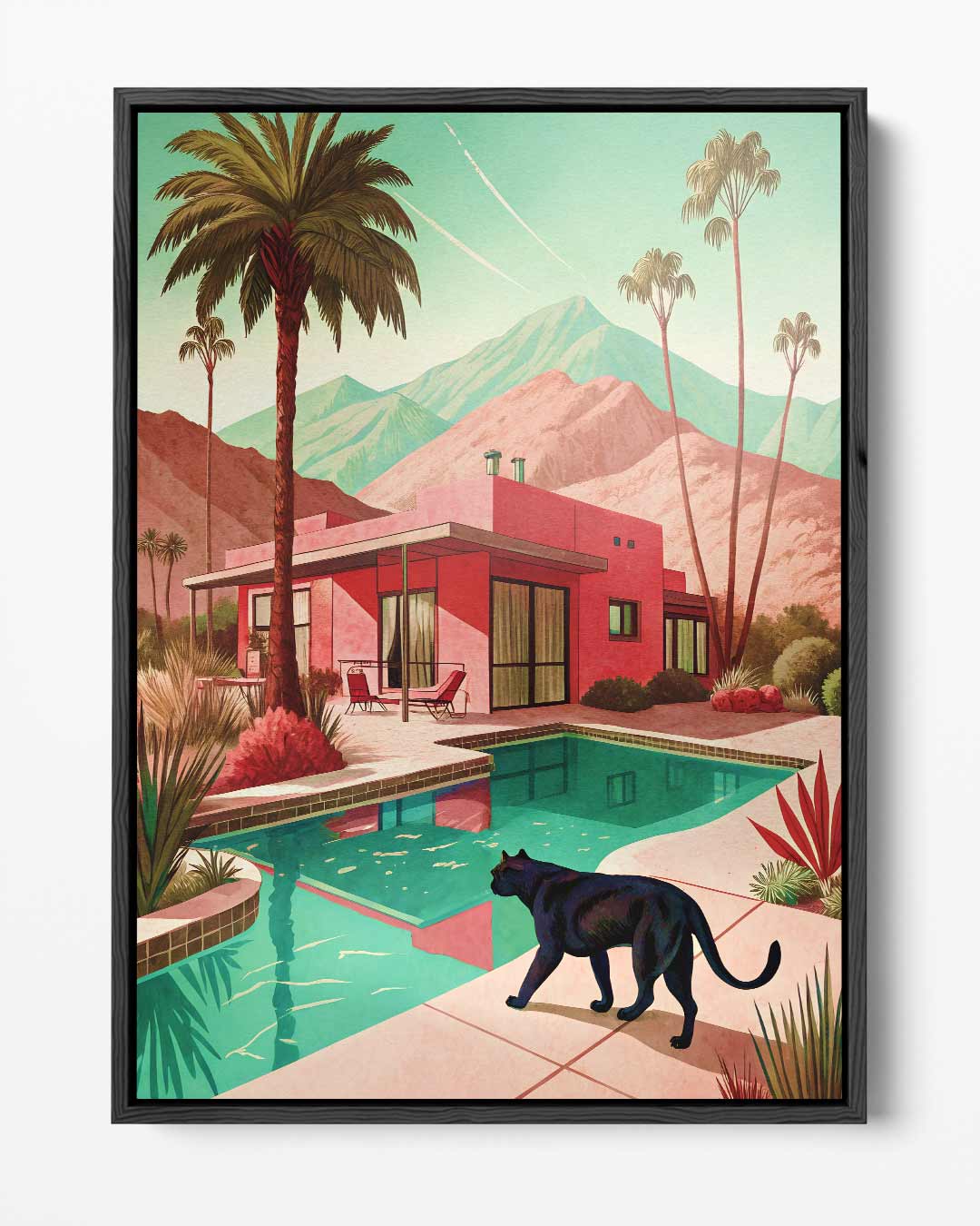 Casa da sogno moderna con opera d'arte di un gatto nero
