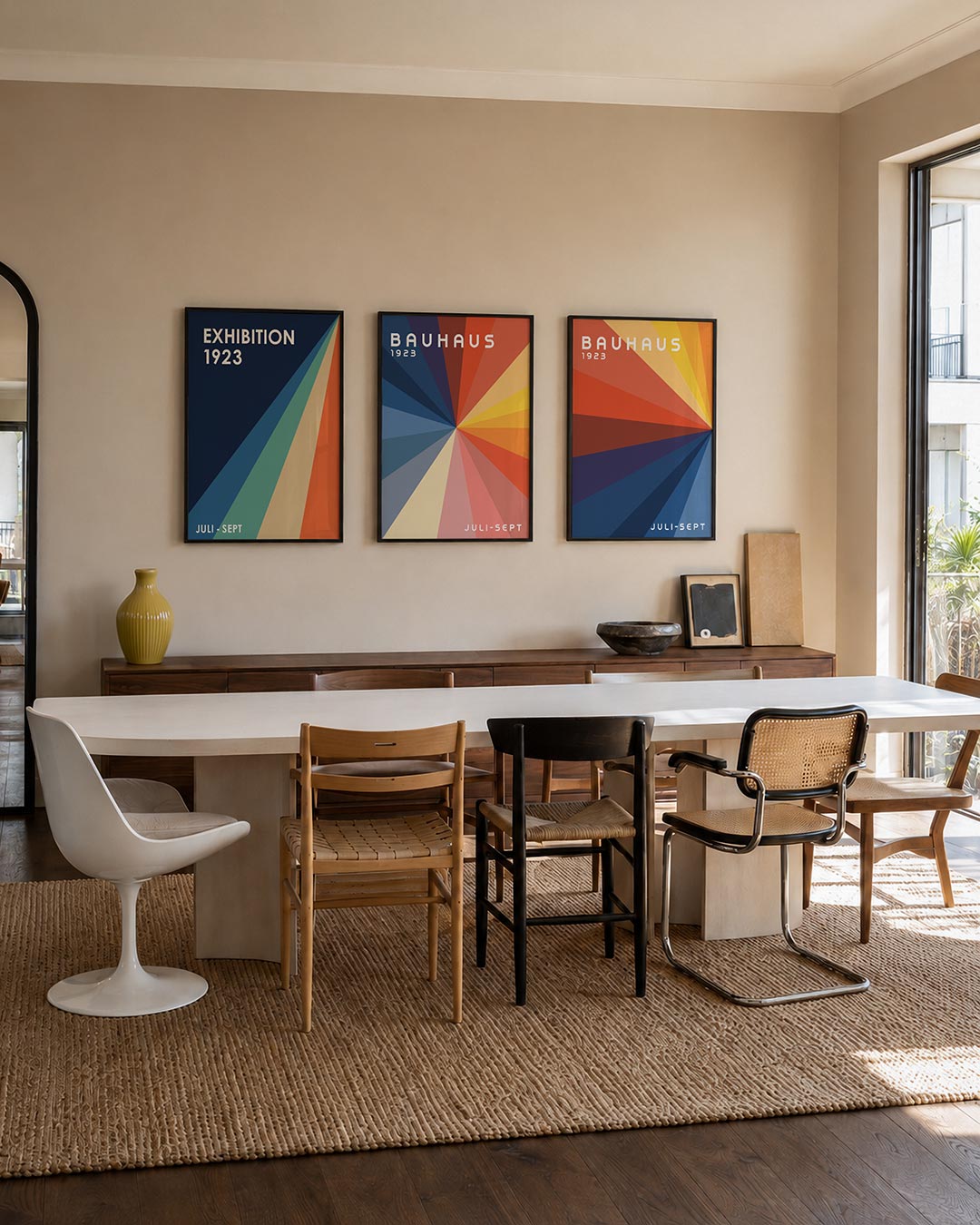 Kleurstralen driedelige posterset – deze posterset in drie delen toont een dynamisch lijnenspel van diagonale kleurvlakken in