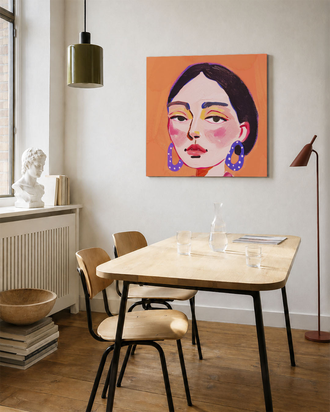 Portret kunstwerk – vierkante wanddecoratie – dit kunstwerk toont een portret met gedurfde kleuren en vormen. De compositie
