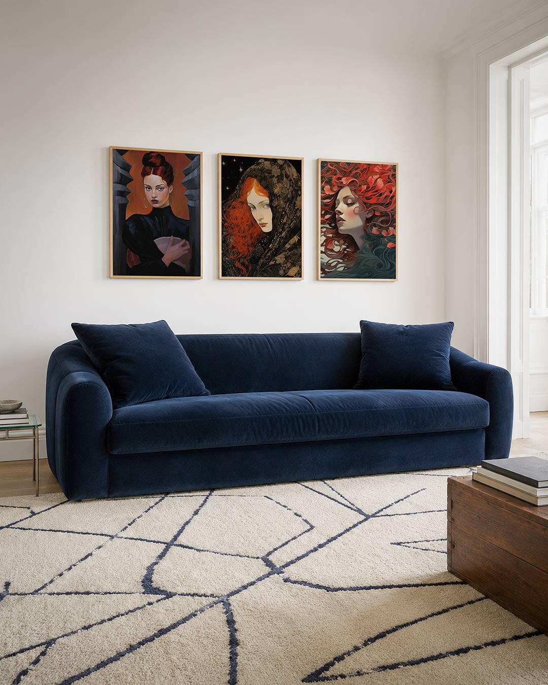 Vorm en kleur posterset – tweede productweergave – een vrouw met rood haar en een zwarte jurk staat tussen grijze