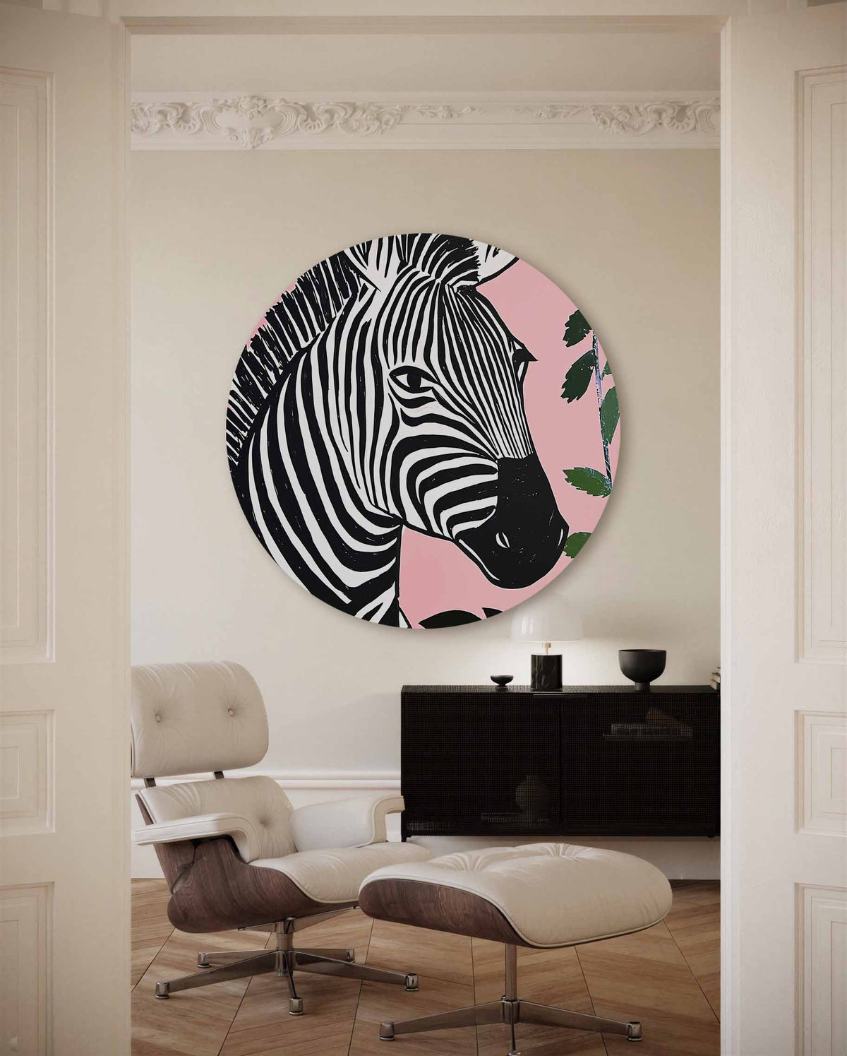 Zebra op roze – illustratie muurcirkel als ronde muurdecoratie