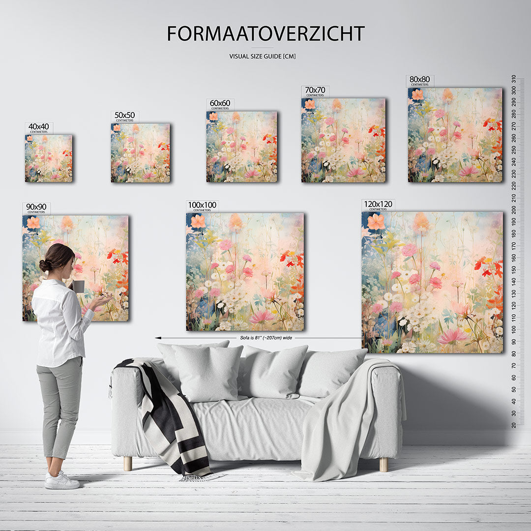Bloemenpracht kunstwerk – dit kunstwerk toont een weelderige verzameling bloemen in zachte tinten, met een harmonieuze balans