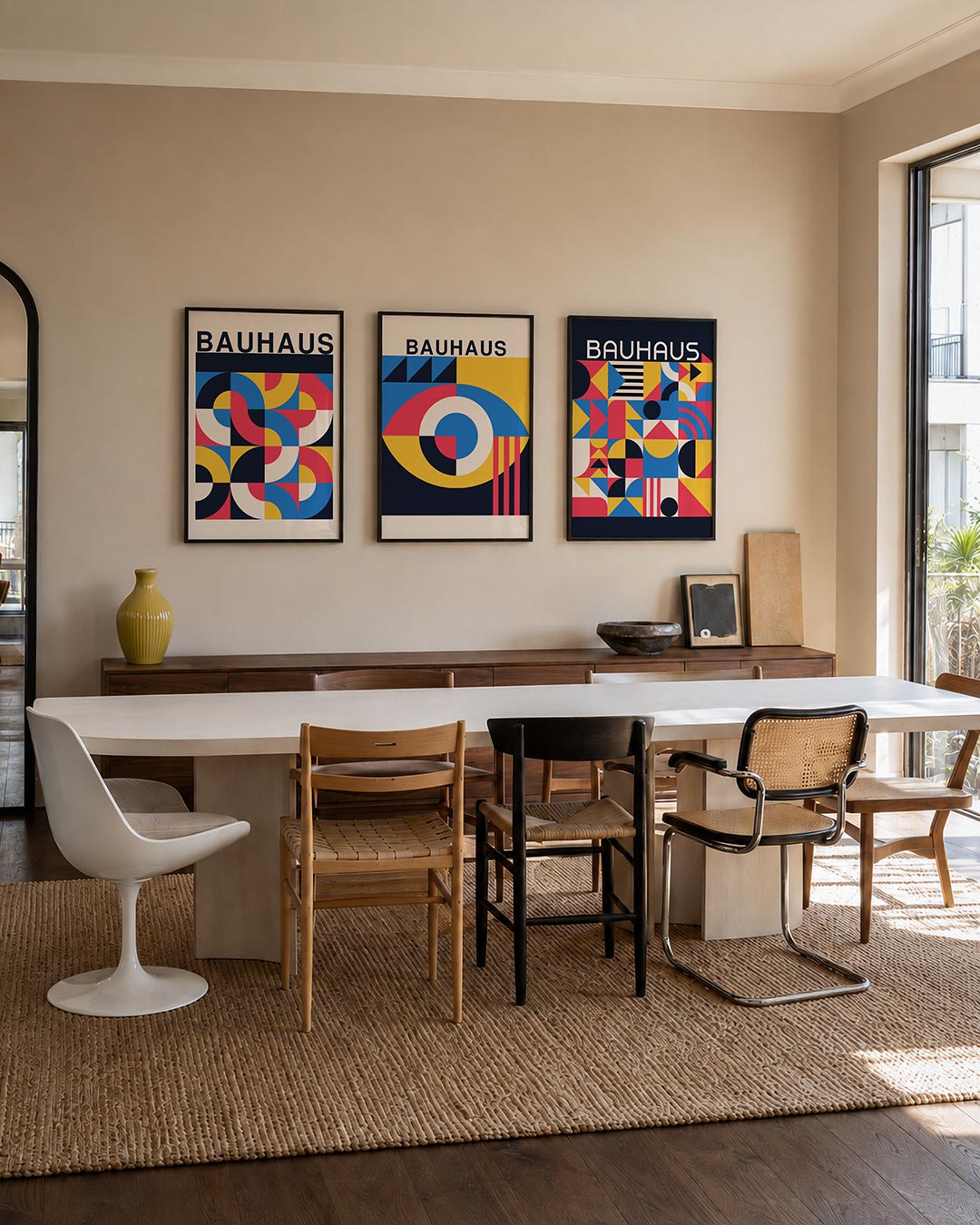 Kleurrijke vormenmix driedelige posterset – deze posterset in drie delen toont een speelse combinatie van halve cirkels en