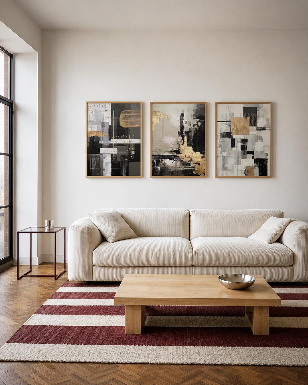 Goud en grijstinten driedelige posterset – deze posterset in drie delen toont een dynamisch lijnenspel