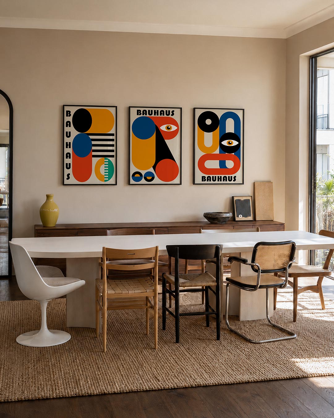 Vormen en kleurvlakken driedelige posterset – deze posterset in drie delen toont een speelse mix van cirkels, rechthoeken en