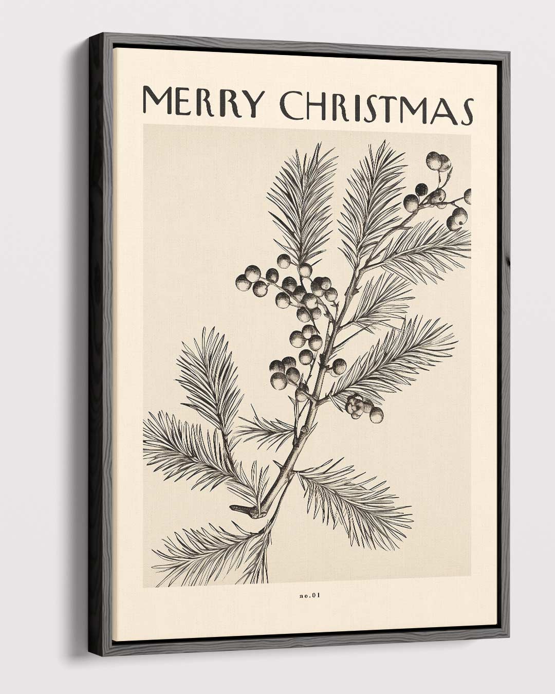 Vintage Kerstkaart met Dennen en Bessen – canvas wanddecoratie in portret formaat