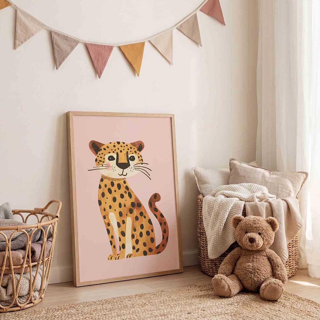 Schattige luipaard – speelse wandkunst als portret kinderposter