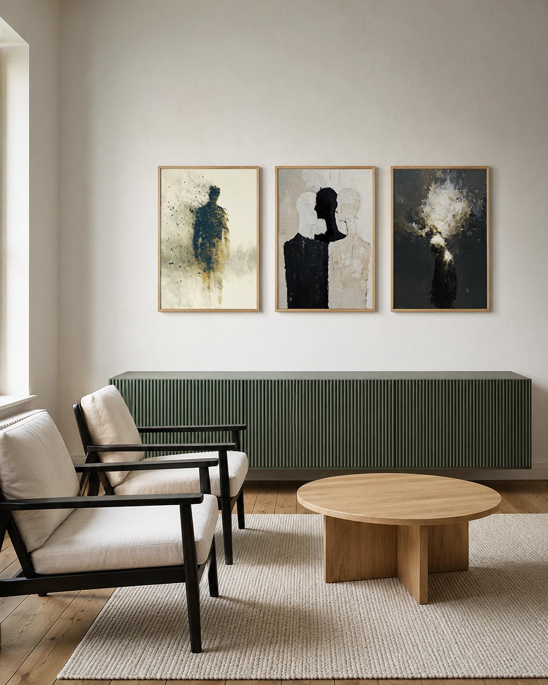 Vervagende silhouet posterset – derde productweergave – een figuur vervaagt in de ruimte, met donkere en lichte