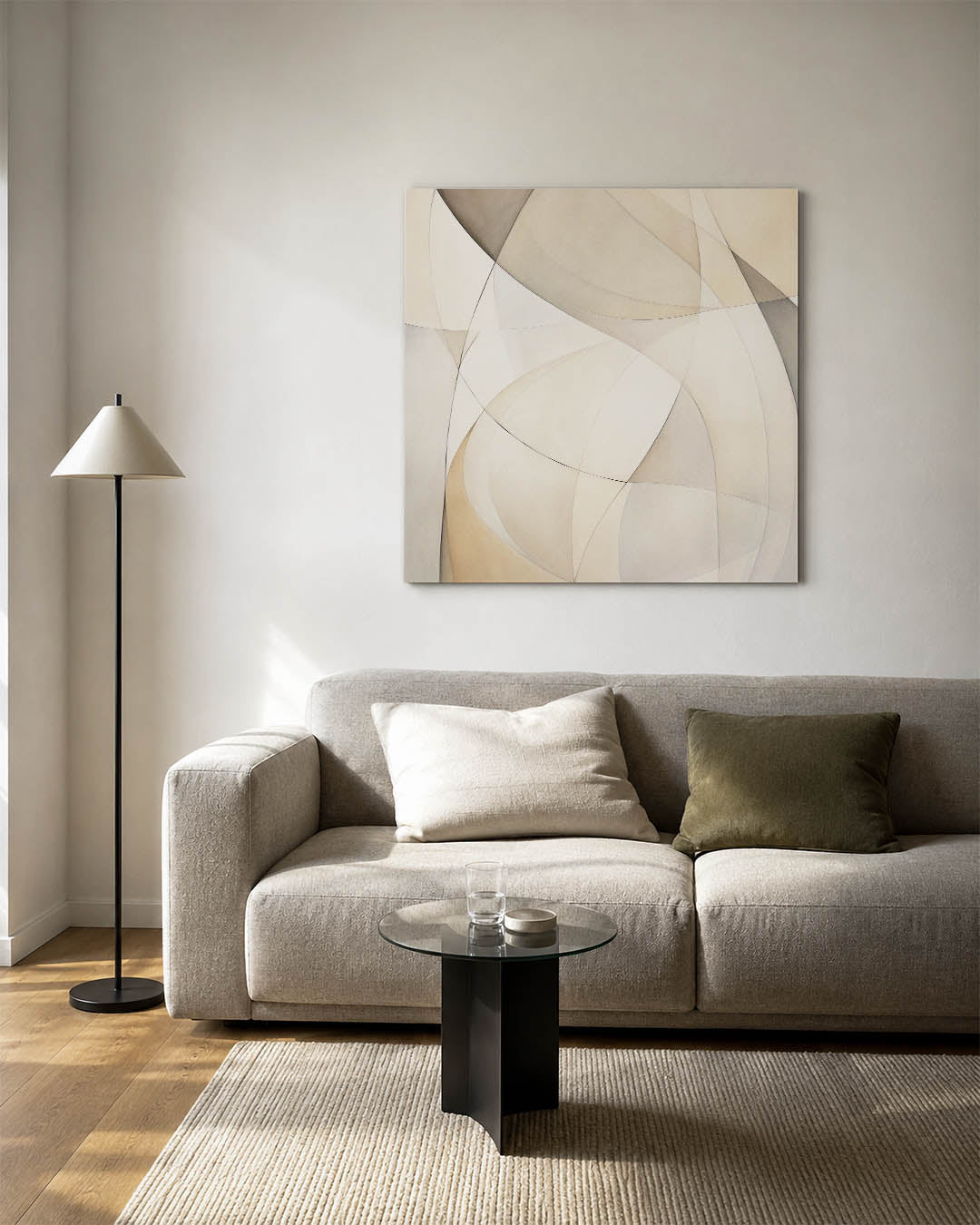 Organische lijnen kunstwerk – vierkante wanddecoratie – dit kunstwerk toont vloeiende, overlappende lijnen in zachte beige en
