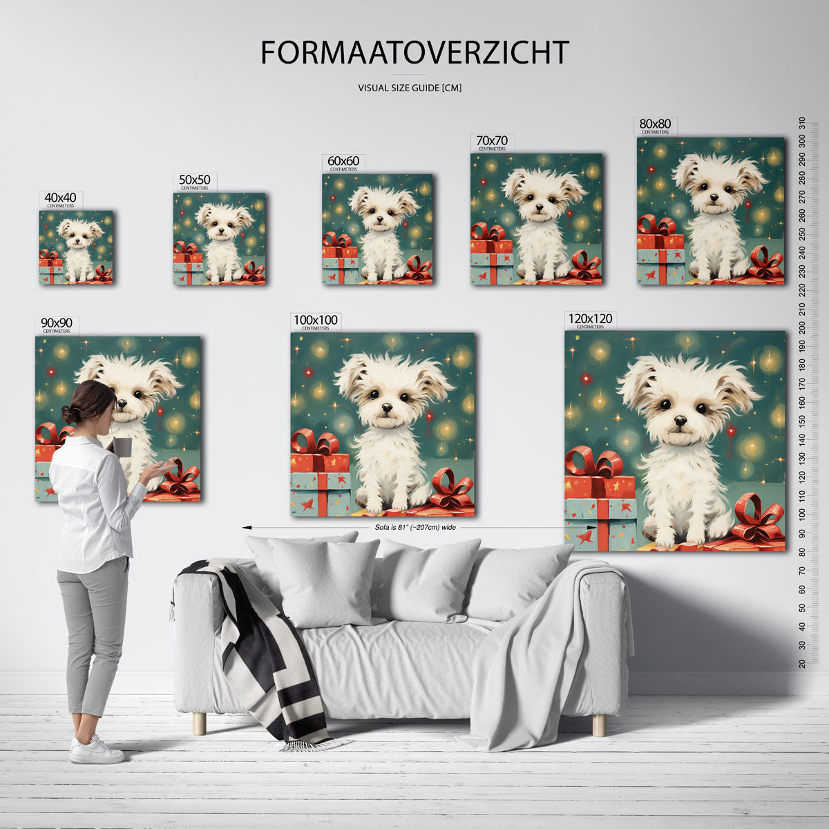 Schattige hond met cadeaus – vierkante muurposter voor kerst