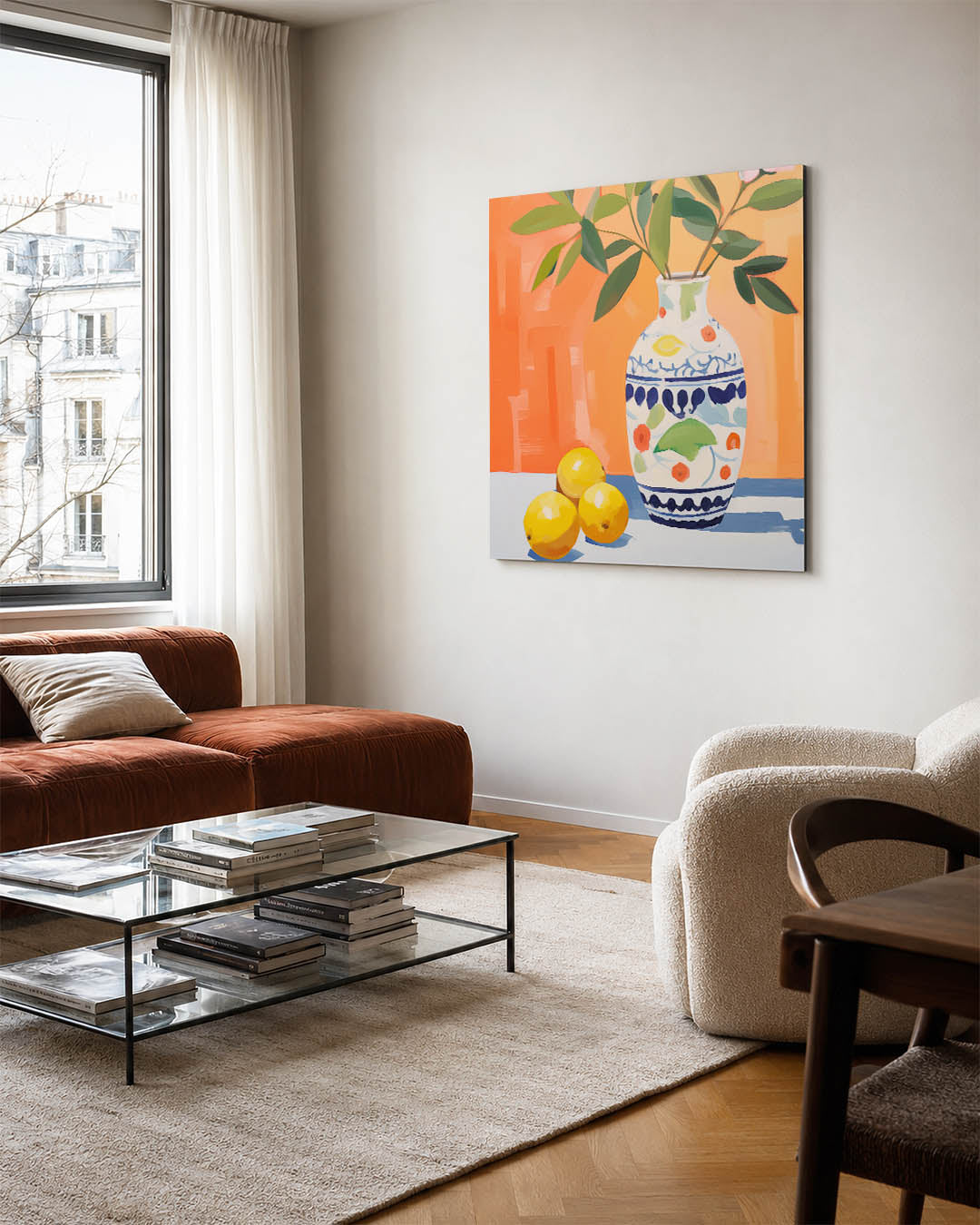 Vaas met citroenen kunstwerk – vierkante wanddecoratie – dit werk toont een vaas met groene bladeren en citroenen tegen een