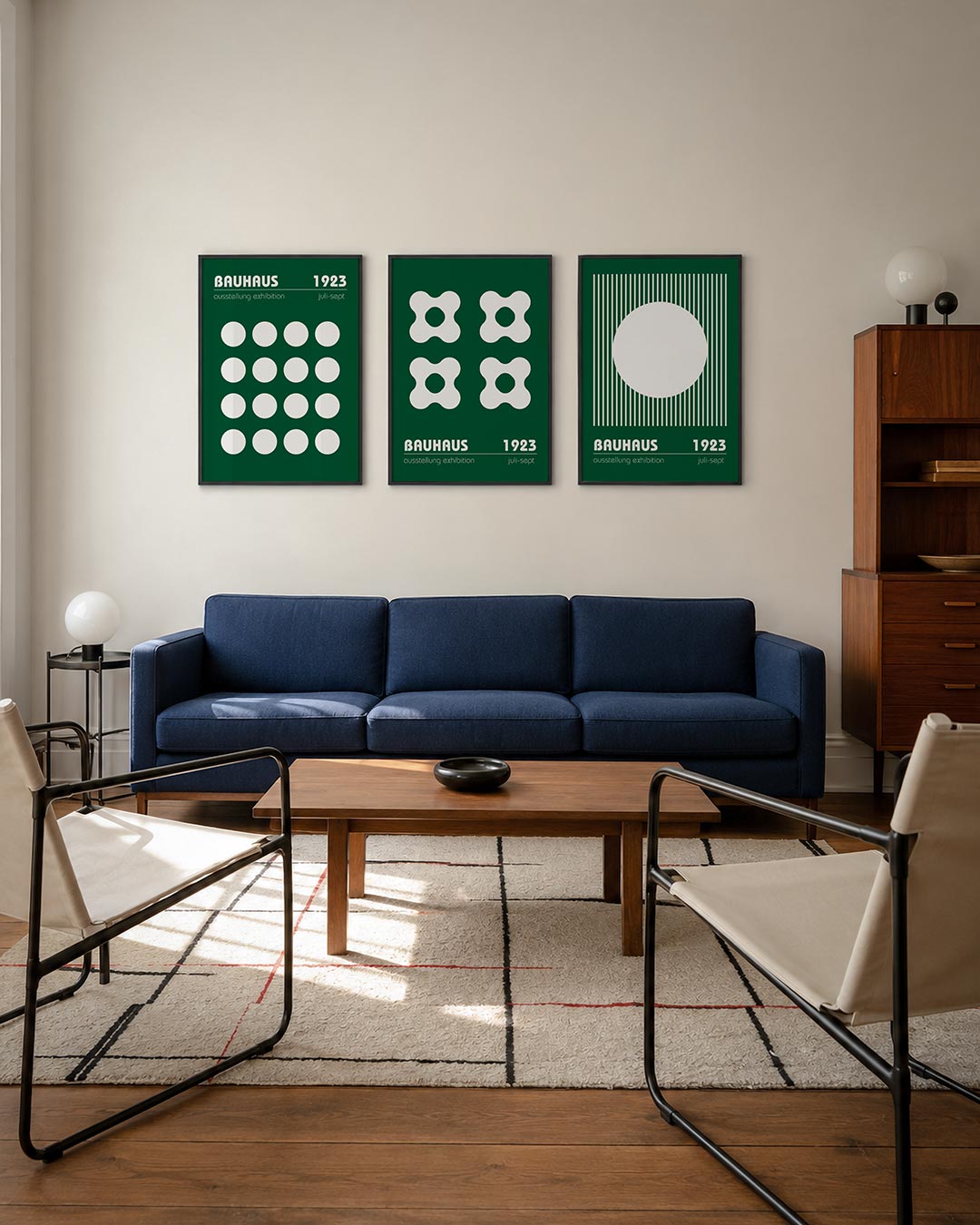 Cirkelritme en kleur driedelige posterset – deze posterset in drie delen toont een ritmische ordening van witte cirkels op