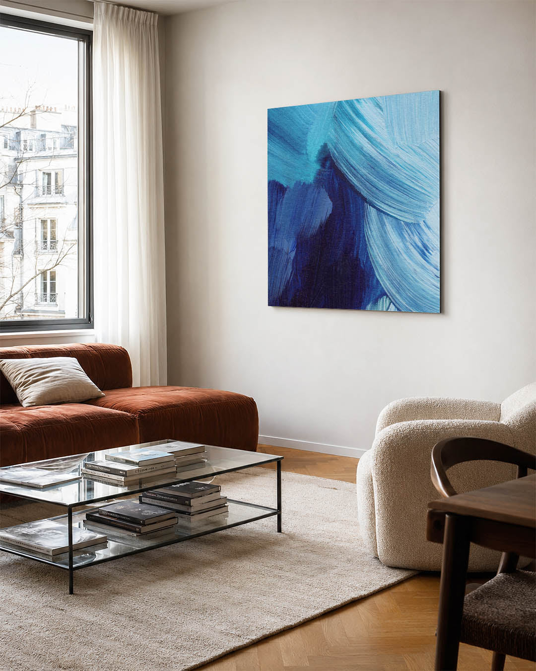 Dynamische blauwe bewegingen kunstwerk – vierkante wanddecoratie – dit werk toont vloeiende penseelstreken in verschillende