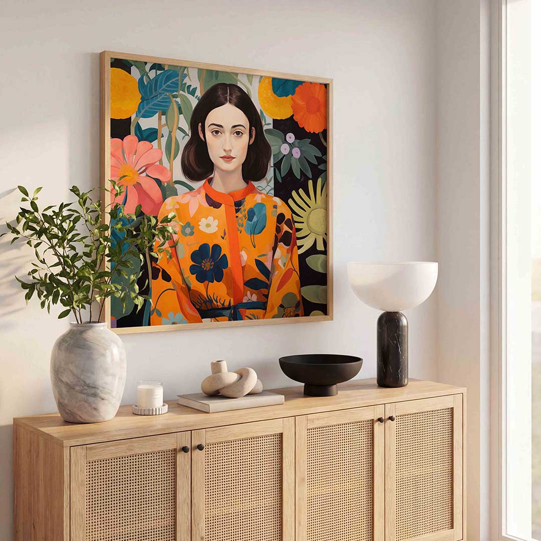 Vrouw met bloemen – kunst en design poster in vierkant formaat