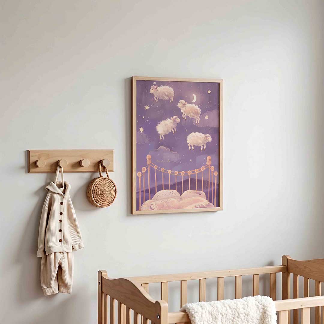 Schapen en bed – kinderposter in staand formaat