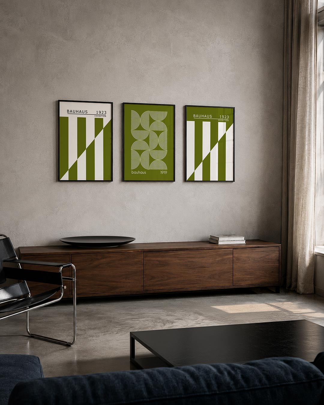 Lijnen en vlakken posterset – tweede productweergave – deze posterset in drie delen toont een spel van olijfgroene