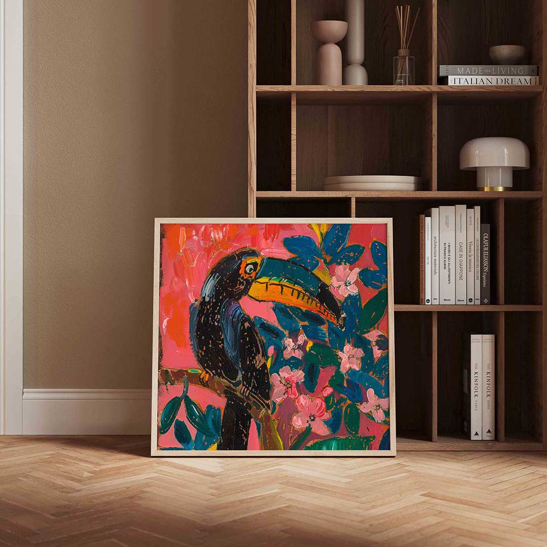 Toekan met bloemen – kleurrijke vierkante wanddecoratie van WallArtistic