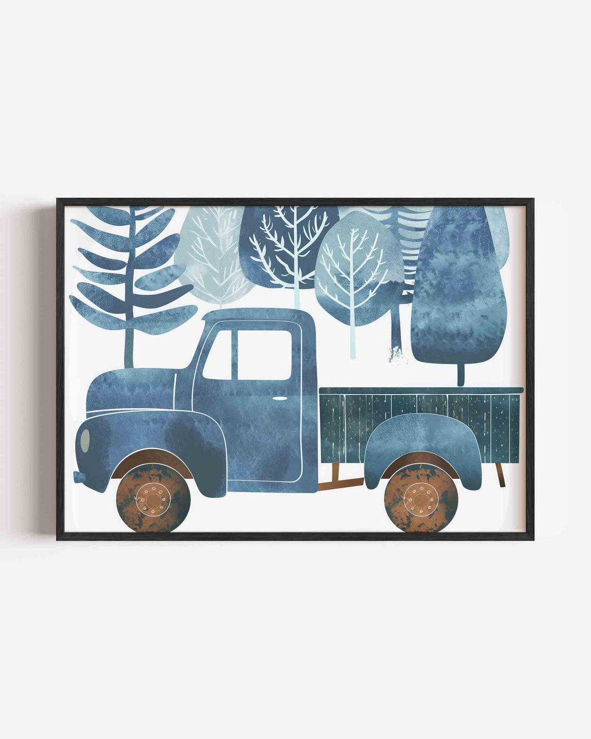 Blauwe vrachtwagen met bomen – landscape kinderposter als wanddecoratie