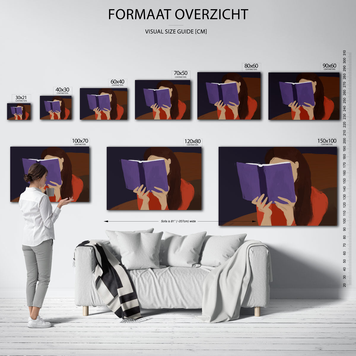 Lezende vrouw – landscape muurposter met eigentijdse illustratie