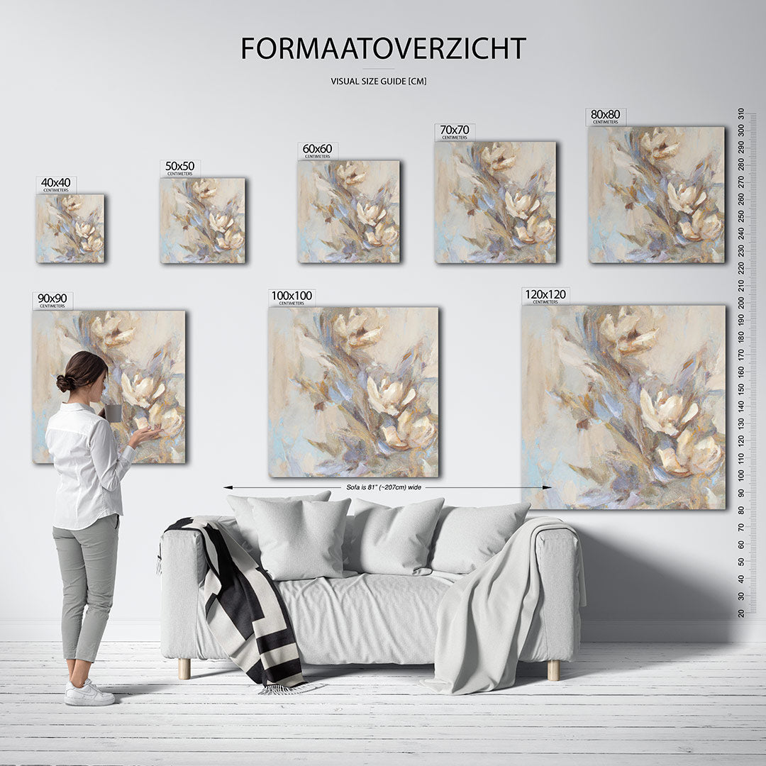 Dromerige bloemvormen kunstwerk – materiaalweergave – dit kunstwerk toont zachte bloemvormen in een vloeiende compositie. De