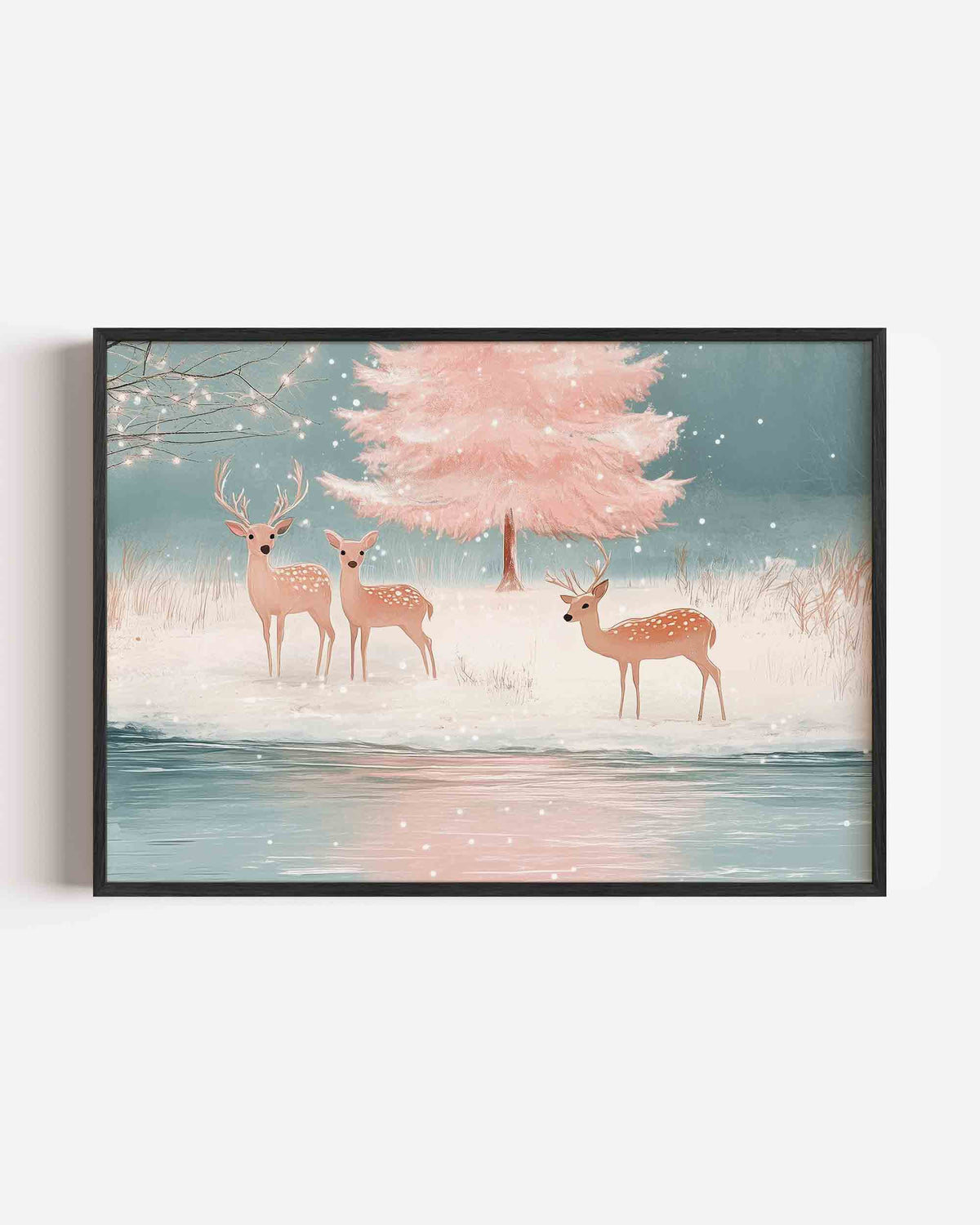 Herten bij roze boom – landscape kinderposter als wanddecoratie